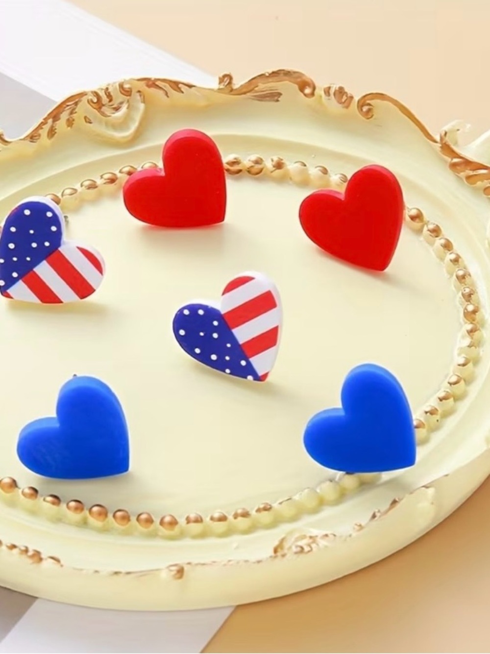 Patriotic Heart Stud Earring Set - Red, Blue, American Flag - Picture 2 of 3